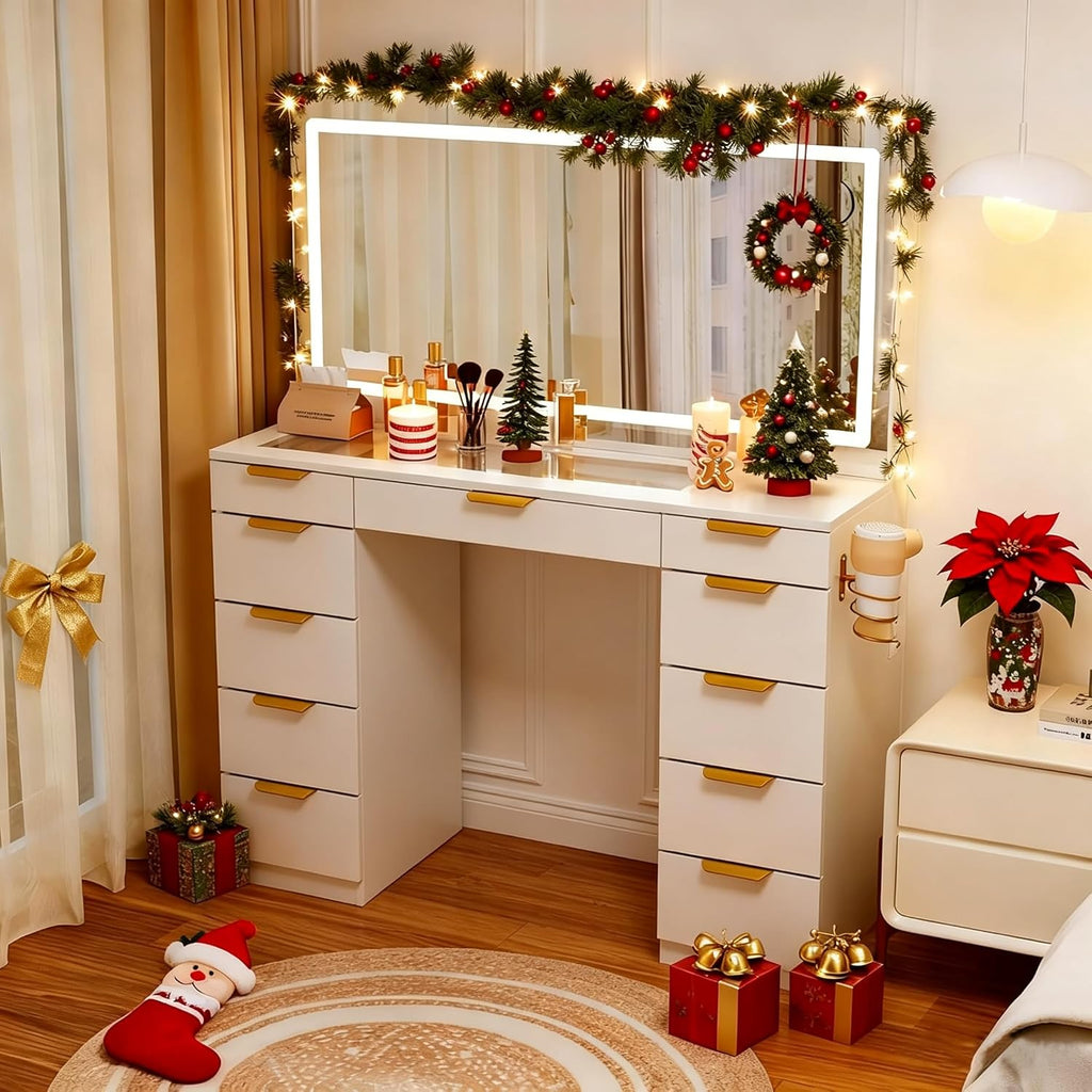 Glass Top Vanity Desk with Mirror and Lights, 11 Drawers Makeup Vanity with Charging Station, Golden Handles Dressing