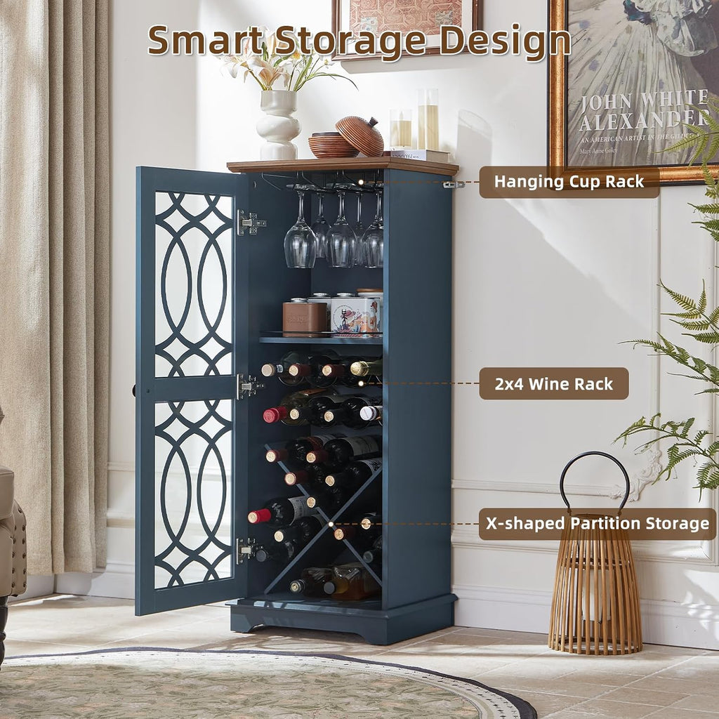 Wine Bar Cabinet with Glass Door, 43" Blue Liquor Cabinet | Wine Rack, Storage Shelf, Thick Base, Elegant Wood Grain