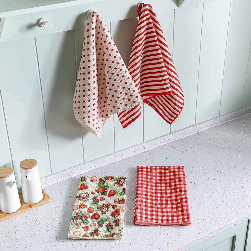 Strawberry Waffle Kitchen Towels Vintage Floral Kitchen Towels Set of 4 Waffle Dish Cloth 18 x 28 Inch Decorative