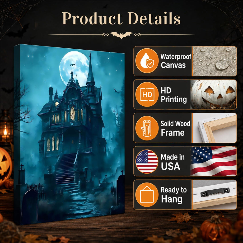 Framed Halloween Canvas Art Haunted Mansion in Foggy Forest Under Full Moon, Gothic Horror Landscape Artwork Canvas