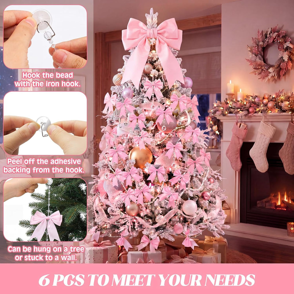 Christmas Tree Crystal Ornament, with Bow,39.4 Inches,Pink - Set of 6