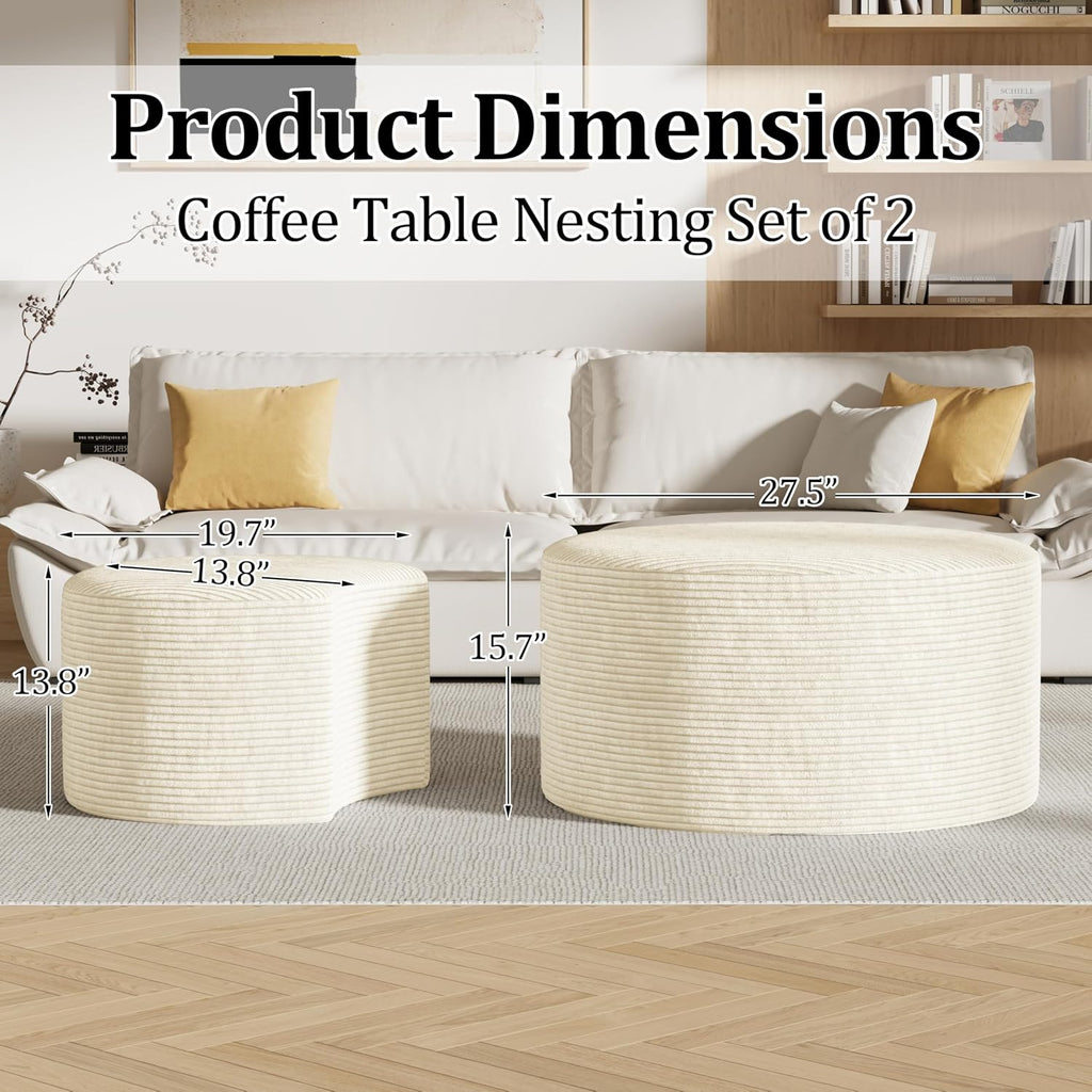 Round Nesting Coffee Table Set of 2,Upholstered Foam Ottoman Footrest Side Table Set,Modern Flannel Circle Coffee
