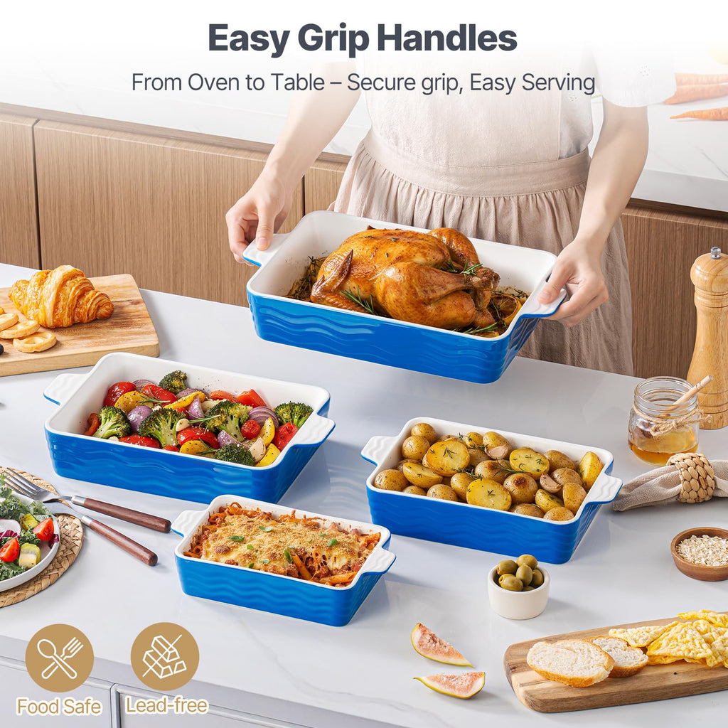 Ceramic Baking Pan with Handles, Porcelain Baking Pans Set of 4, Oven Safe and Durable Baking Dishes Rectangular