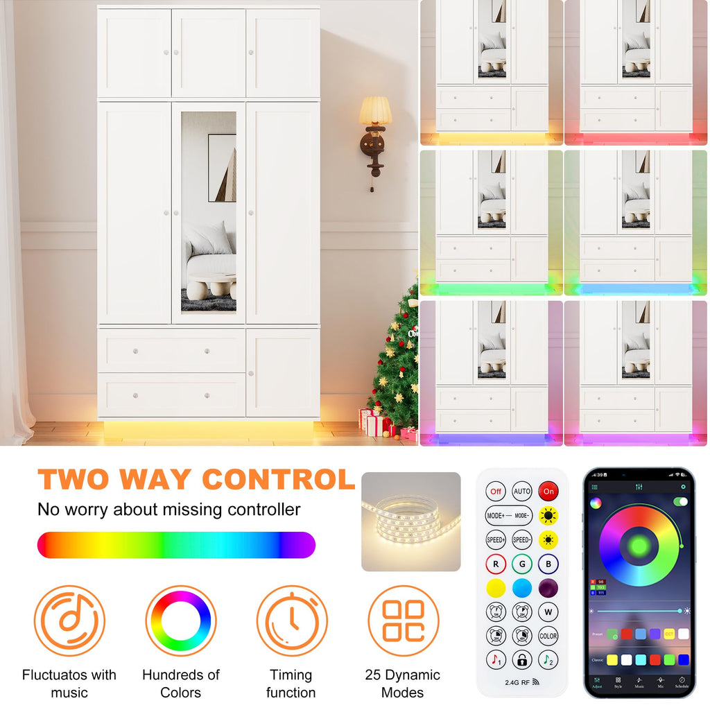 92.2" Tall Armoire Wardrobe Closet with Mirror & Motion Sensor Light, Large Storage Cabinet with 2 Drawers, Hanging