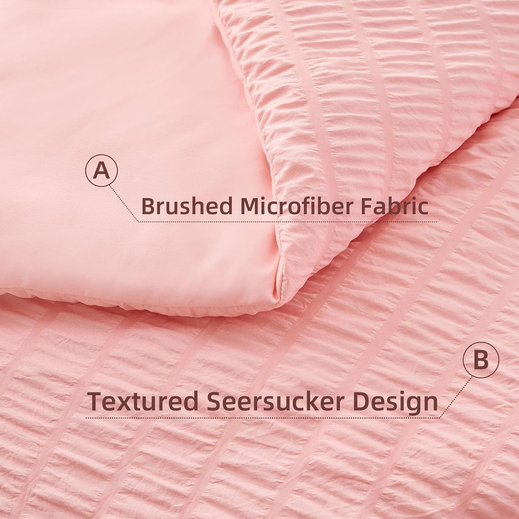 Pink Queen Comforter Set 7 Pieces, Luxury Seersucker Queen Bed Set for All Seasons