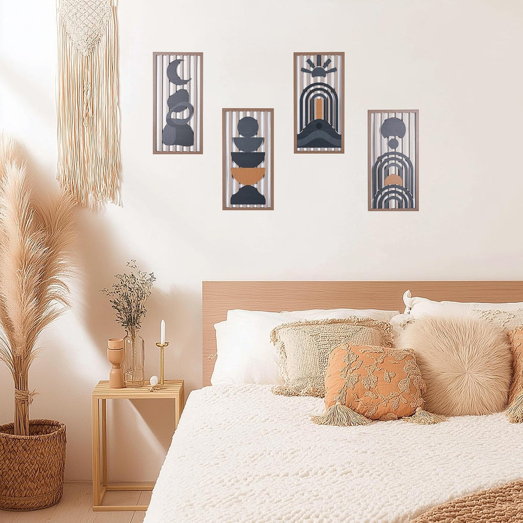 Blue Boho Wall Decor, Abstract Blue Wall Art & Wall Decor Blue, Mid-Century Modern Aesthetic Artwork - Set of 4