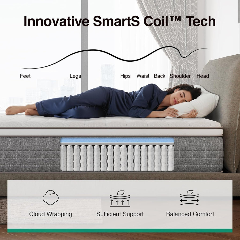 14 Inch King Mattress,King Size Gel Memory Foam Hybrid Mattress | with Cool-Touch Nylon Cover & Pocketed Coils for