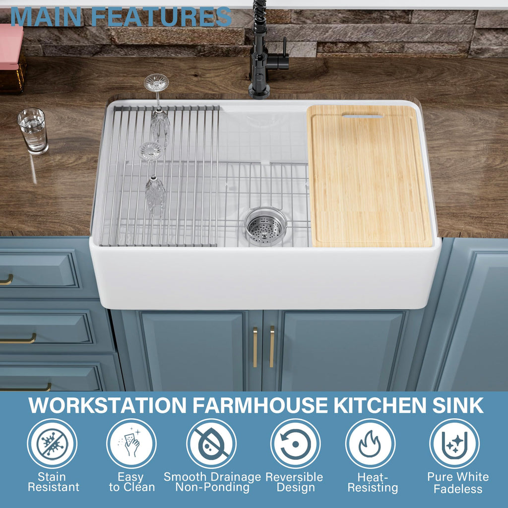 31" x 18" Apron Front Farmhouse Workstation Kitchen Sink White