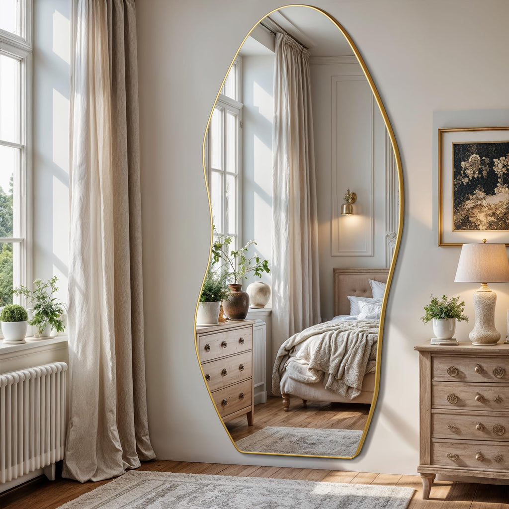 Irregular Full Length Mirror, 76"x36" Asymmetrical Floor Mirror with Stand, Standing Hanging Leaning Irregular