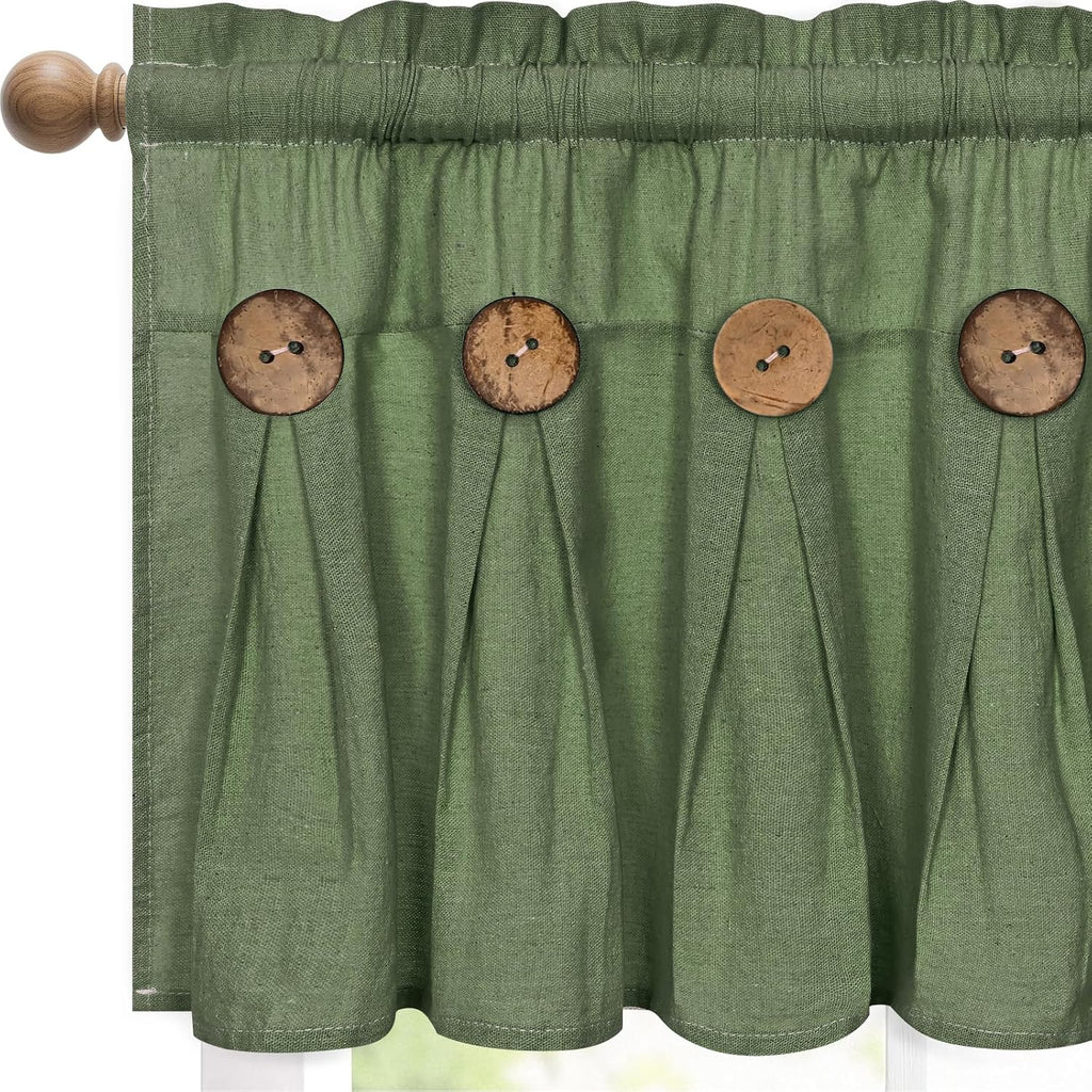 Farmhouse Valance Curtains, Boho Cotton Linen Kitchen Valance, Olive Green Rustic Button Window Valances for Kitchen