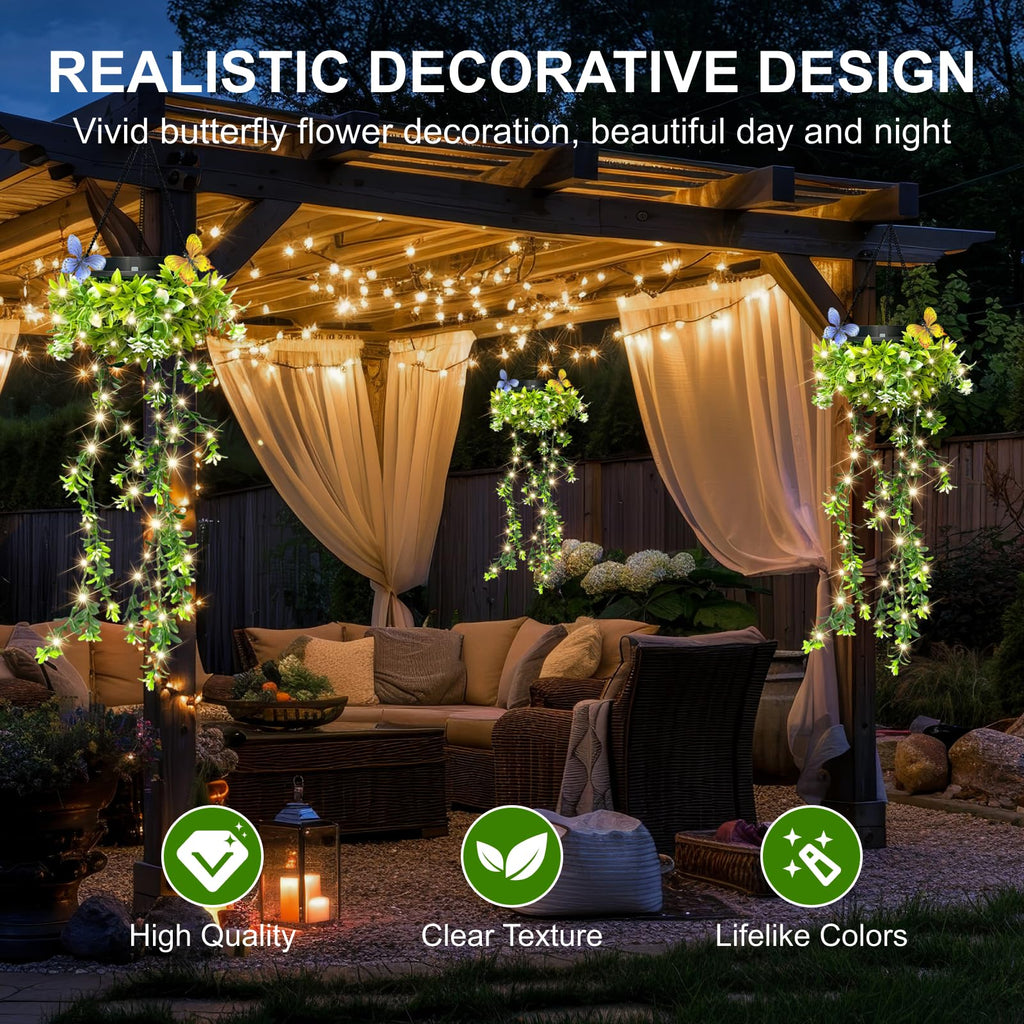Solar Hanging Garden Lights, 4 Pack 66 LED Outdoor Lights with Realistic Milan Grass & White Flowers, IP65 Waterproof