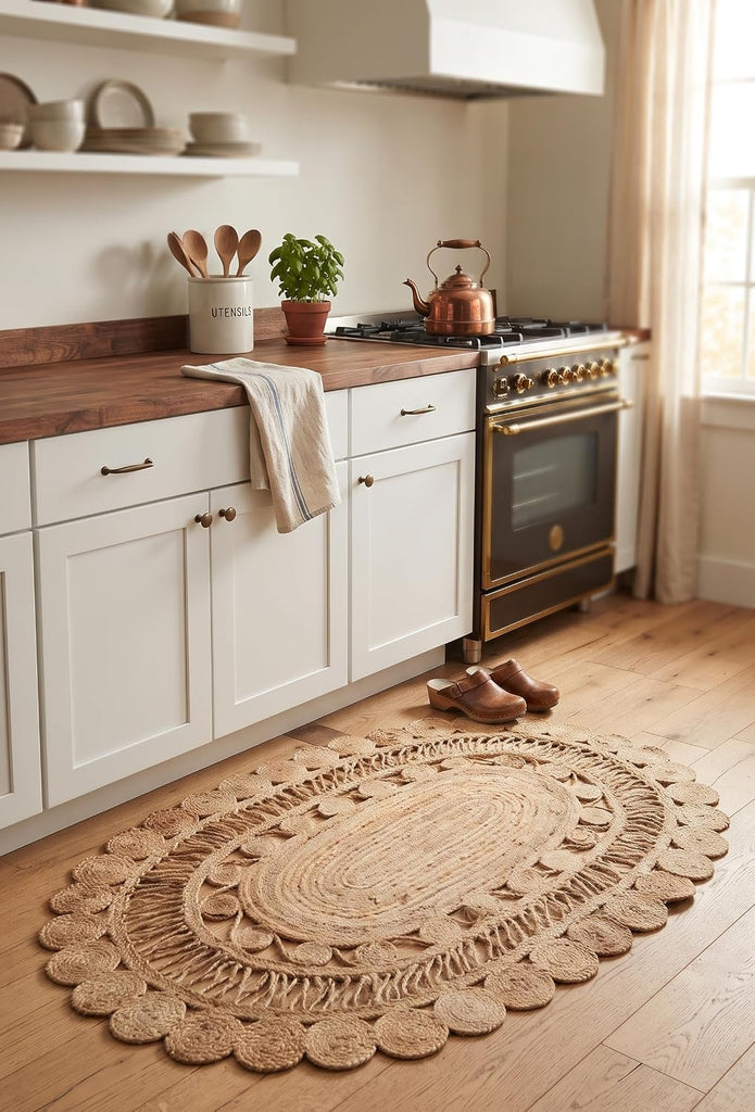 Scalloped Border Braided Jute Oval Area Rug, Natural Beige
