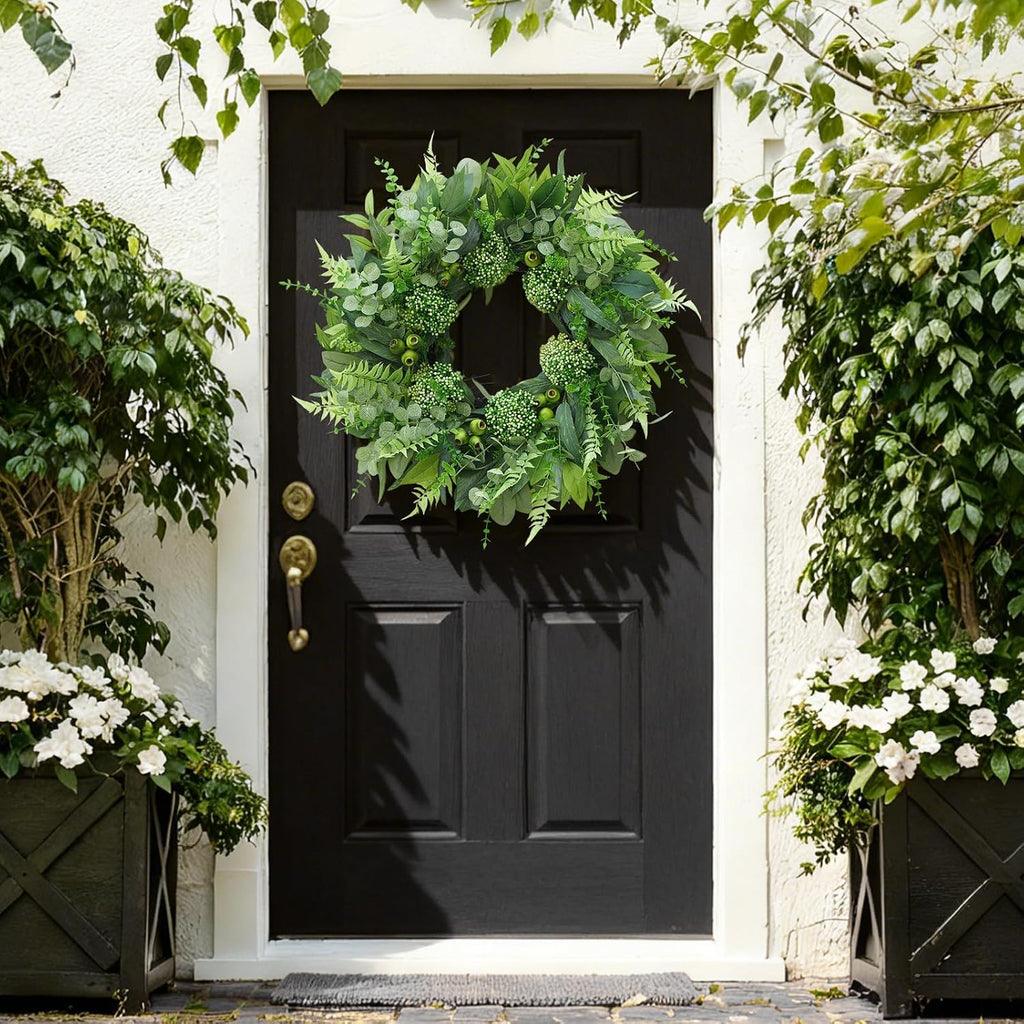 24 Inch Artificial Greenery Wreath for Front Door - Green Wreath with Eucalyptus and Fern Leaves, Spring Summer Fall