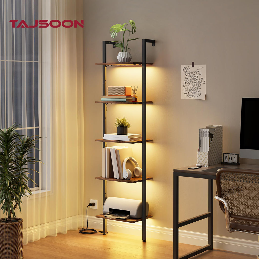 5 Tier Ladder Bookshelf with Light, Wall Ladder Shelf Rustic Brown