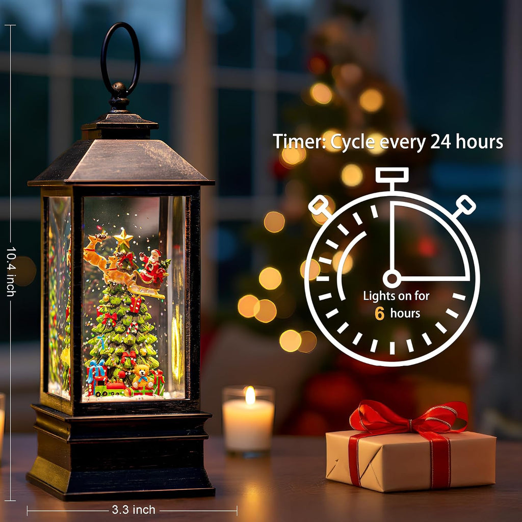 10.4" Christmas Snow Globe Flying Santa Around The Tree Water Lantern, Battery Operated or USB Powered Musical