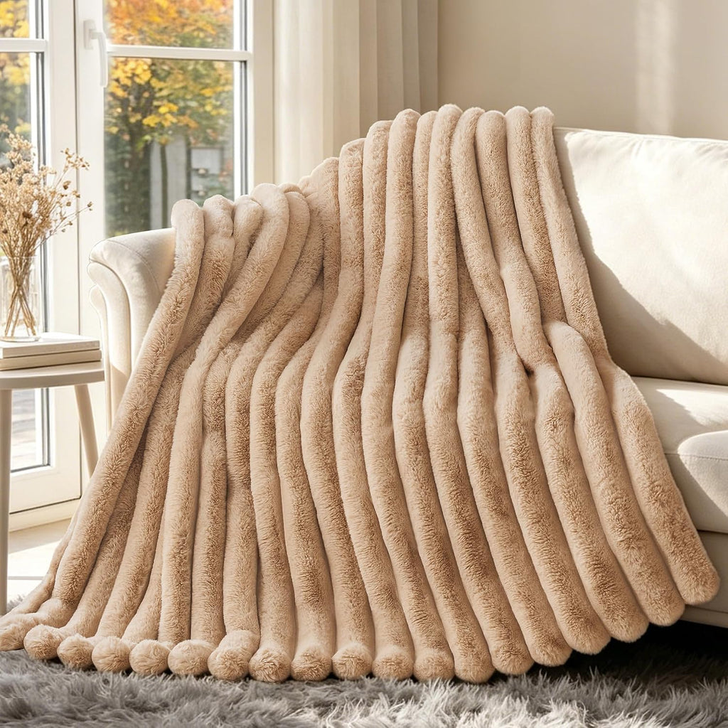 Faux Fur Twin Blanket for Couch Cozy Soft Plush Thick Striped | Luxury Blanket for Sofa, Living Room, Bedroom, 60" x