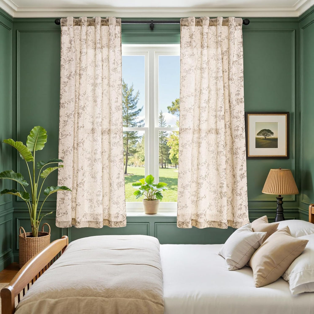 Floral Linen Curtains 96 Inch Length Taupe Flower Curtain Rod Pocket Back Tab Farmhouse Curtains with Printed Floral