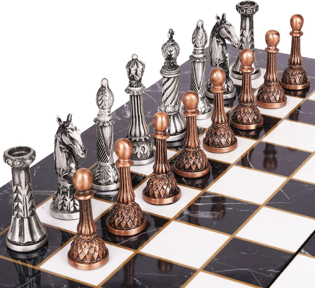 Retro Metal Chess Set for Adults and Kids - Marbling Chess Board with Chess Pieces - Travel Chess Set with Metal - Set of 32