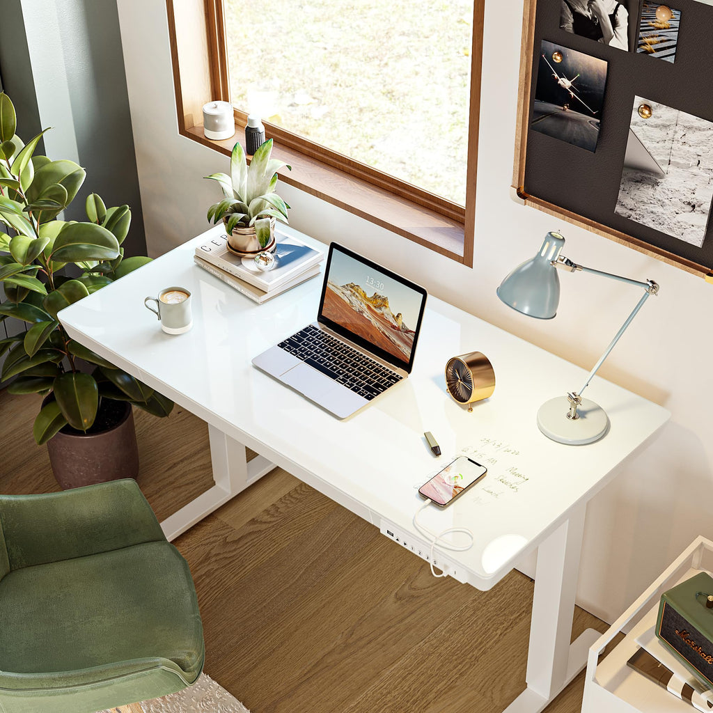48 Inch One-Piece Standing Desk with Glass Top and Drawer, White