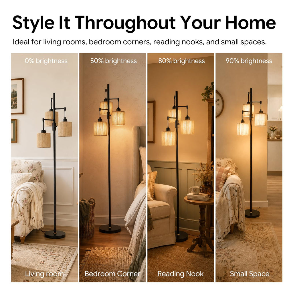 Dimmable Boho Floor Lamp, 3-Light Tree Lamp with Hemp Rope Shades