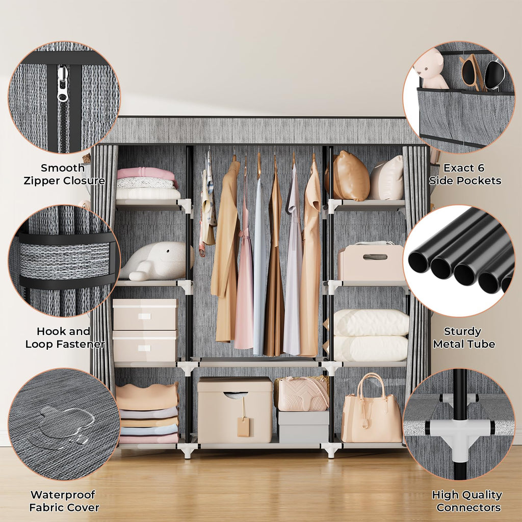 Portable Closet Wardrobe for Hanging Clothes 57.3 Inch Large Capacity Clothes Rack with Cover, 10 Storage Organizer