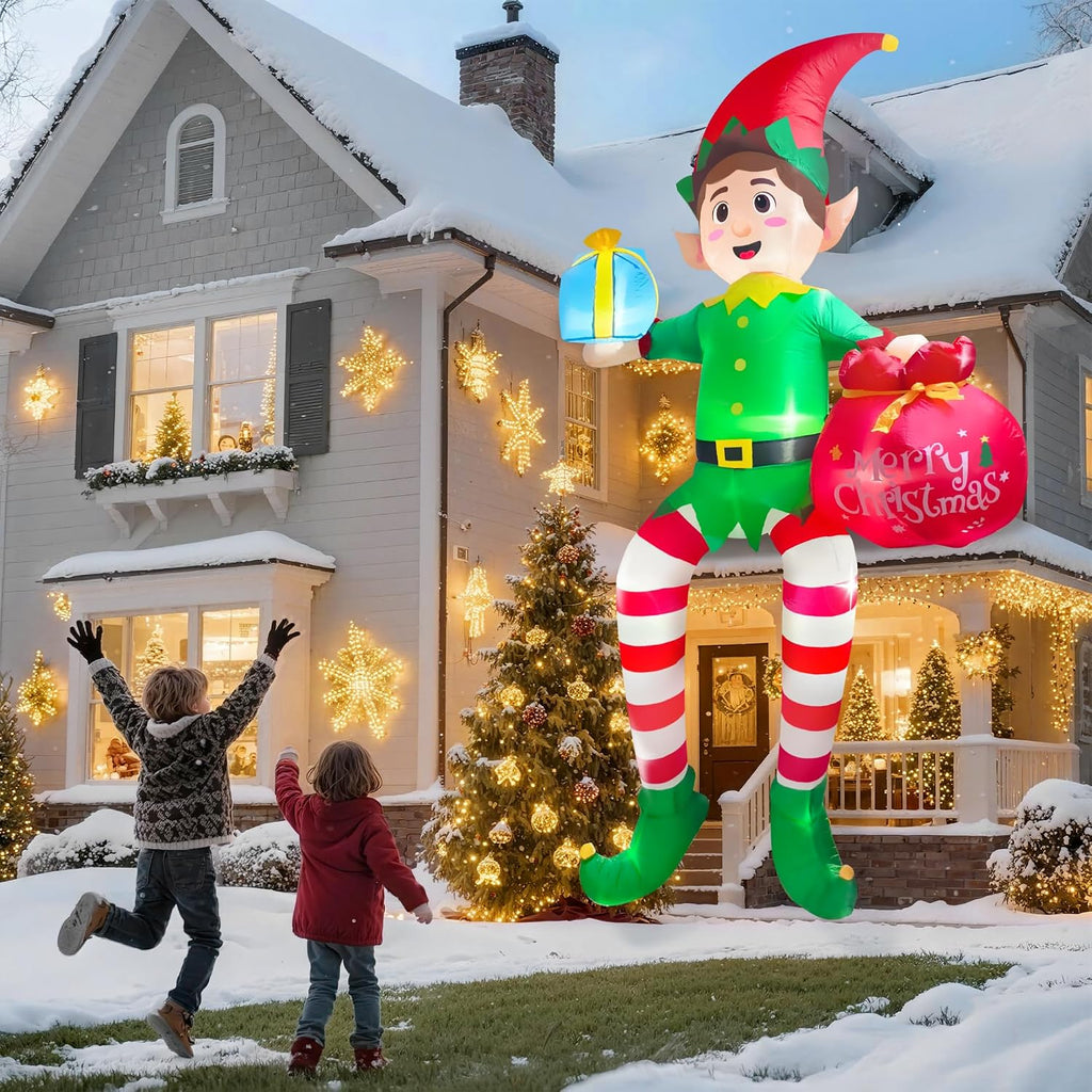10FT Christmas Inflatable Outdoor Decoration, Sitting Elf Inflatable Christmas Blow up Yard Decorations with LED