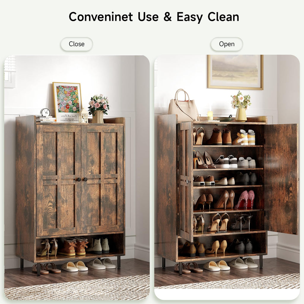 Shoe Cabinet with Cross Molding Doors, 6-Tier Storage(Rustic Brown)