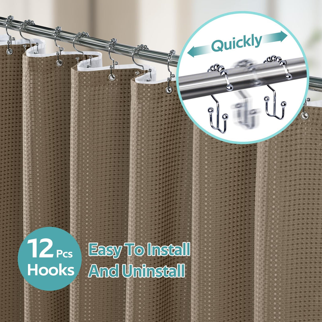 3 in 1 Waffle Shower Curtain & Liner Set, 258 GSM Heavy Duty Fabric, 12 Hooks, Weighted Hem, Water Repellent