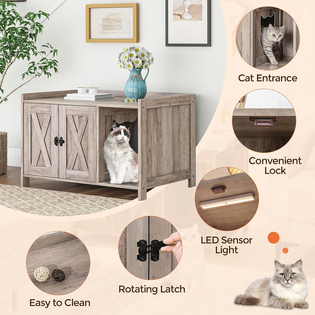 Cat Litter Box Enclosure, Hidden Litter Box Furniture with Divider, Indoor Cat House, Wooden Cat Washroom Storage