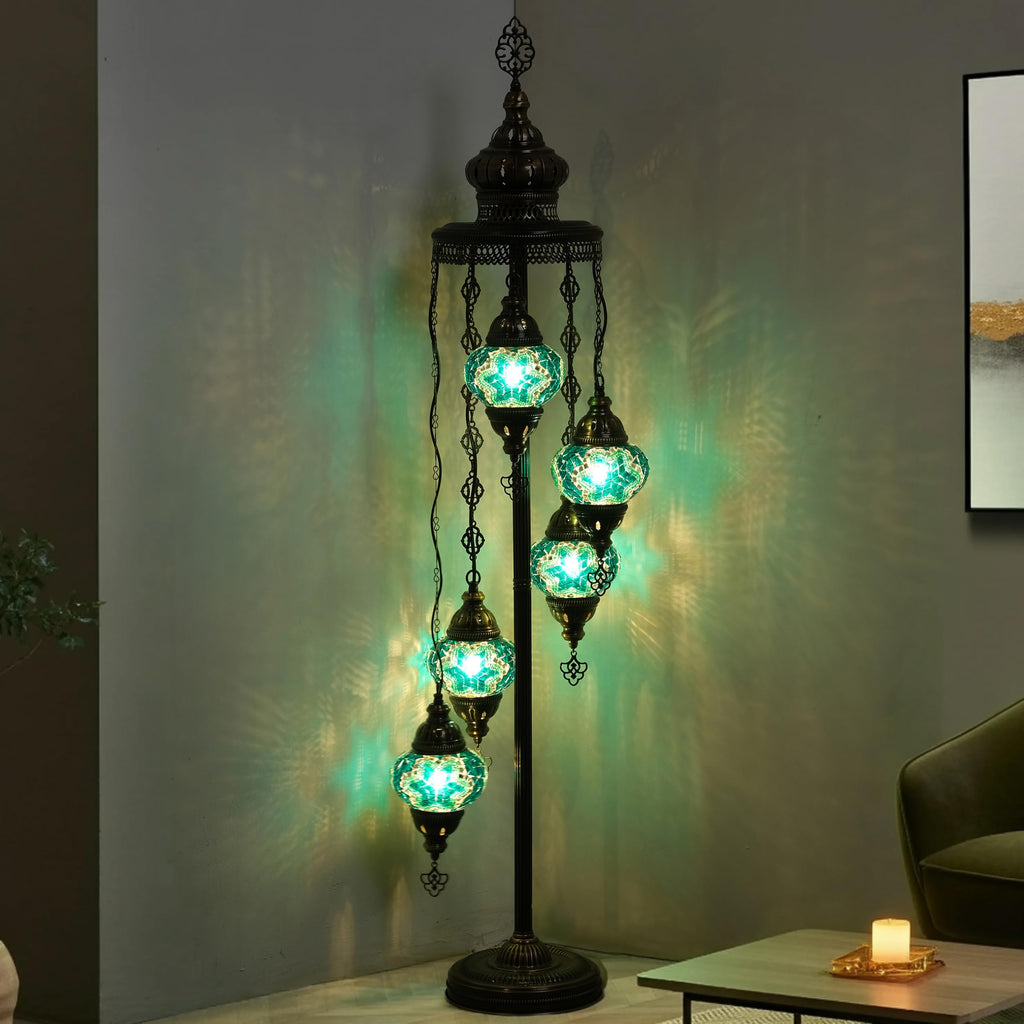 Turkish Mosaic Floor Lamp, 5 Globe Boho Lighting, Green