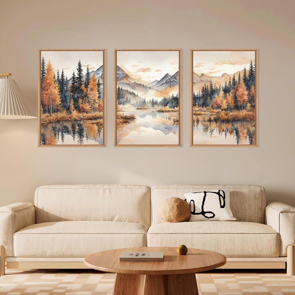 Large Neutral Mountain Framed Canvas Wall Art,Nature Foggy Forest Wall Decor,Watercolor Autumn Landscape Wall