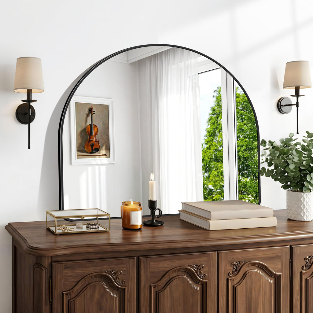 Arched Wall Mirror, 36"x30" inch Black Arched Mirror Bathroom, Vanity Mirror for Over Sink Metal Frame, Tempered Glass