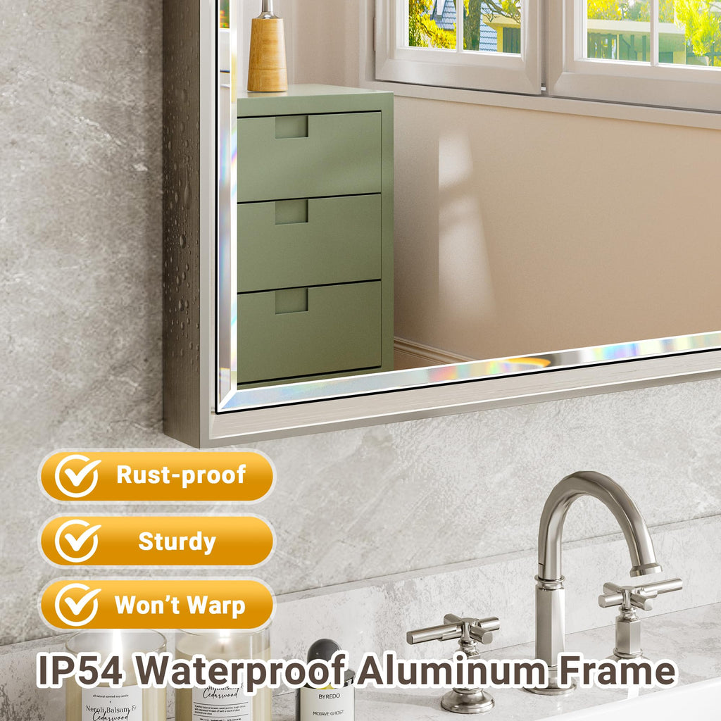 48'' x 36'' Brushed Nickel Framed Beveled Bathroom Mirror, Shatterproof Rectangle Brushed Nickel Frame Mirror