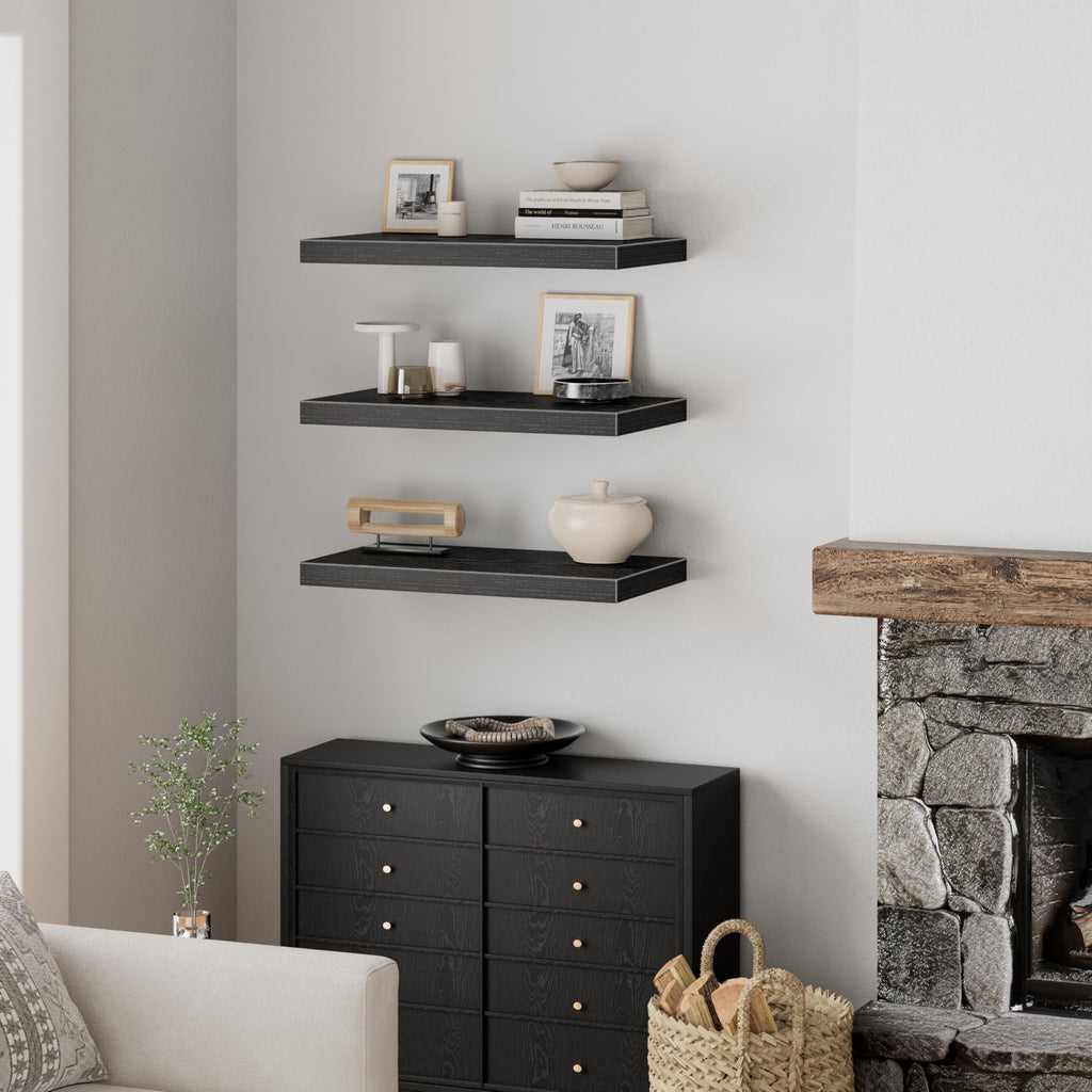 12" Deep Floating Shelves for Wall (Black, Set of 3, 23.6" x 12")