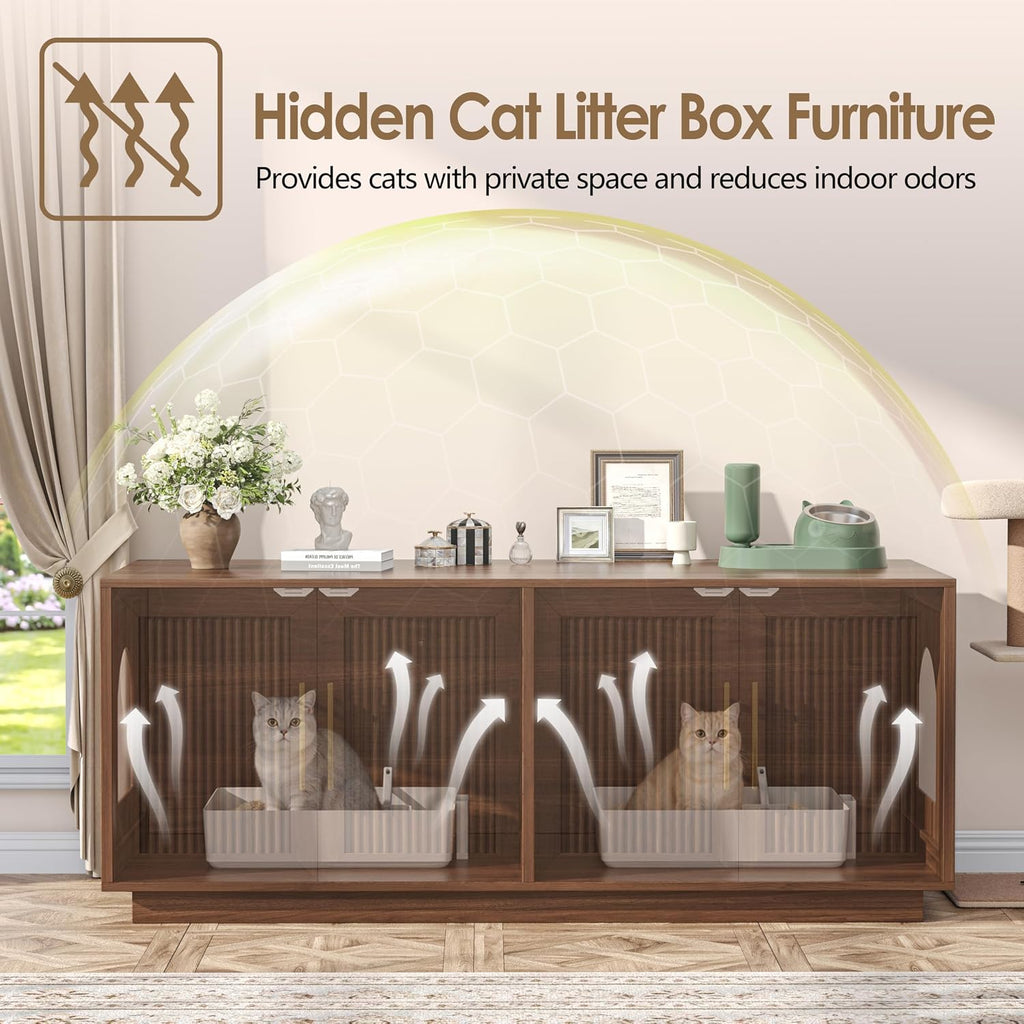 Fluted Cat Litter Box Enclosure Furniture, Cat House for 2 Cats
