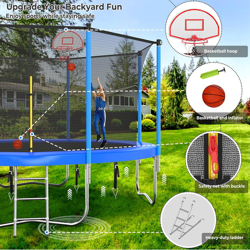 10 12 14 16FT Trampoline Outdoor, Light/Sprinkler/Basketball Hoop | Large Recreational Trampoline for Kids and