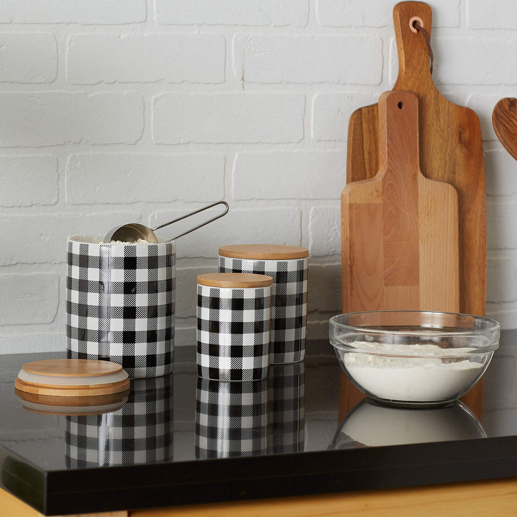 Ceramic Canister Sets for the Kitchen Food Safe Storage Containers with Lids, Large, Medium & Small, Buffalo Check