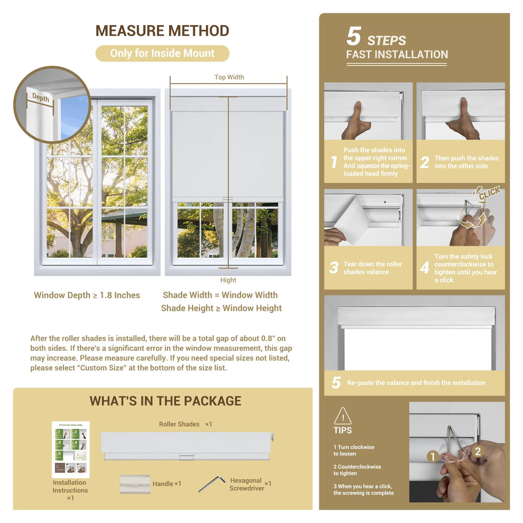 No Drill No Tools Blackout Roller Shades for Windows, Cordless Roller Blinds with Linen Fabric-Matched, Easy to