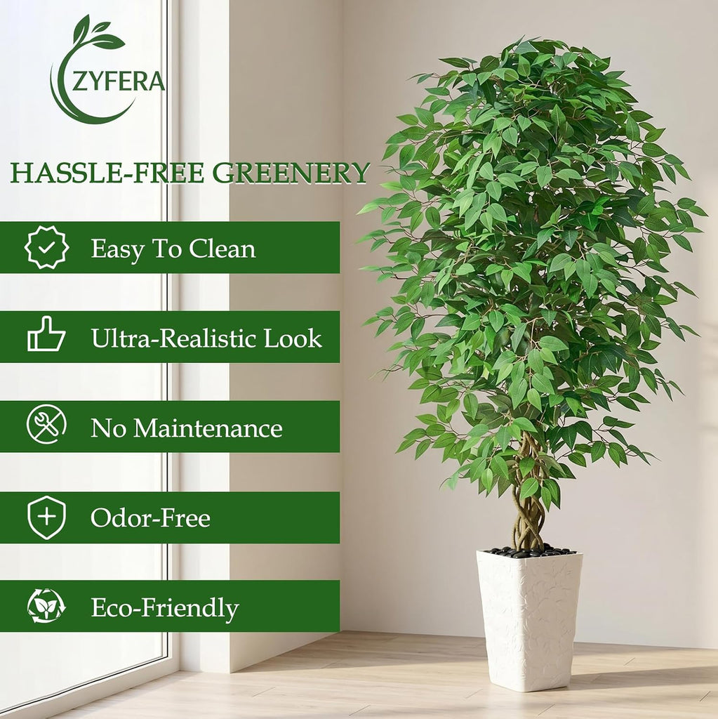 6FT Artificial Ficus Tree, Large Fake Ficus Tree White Planter