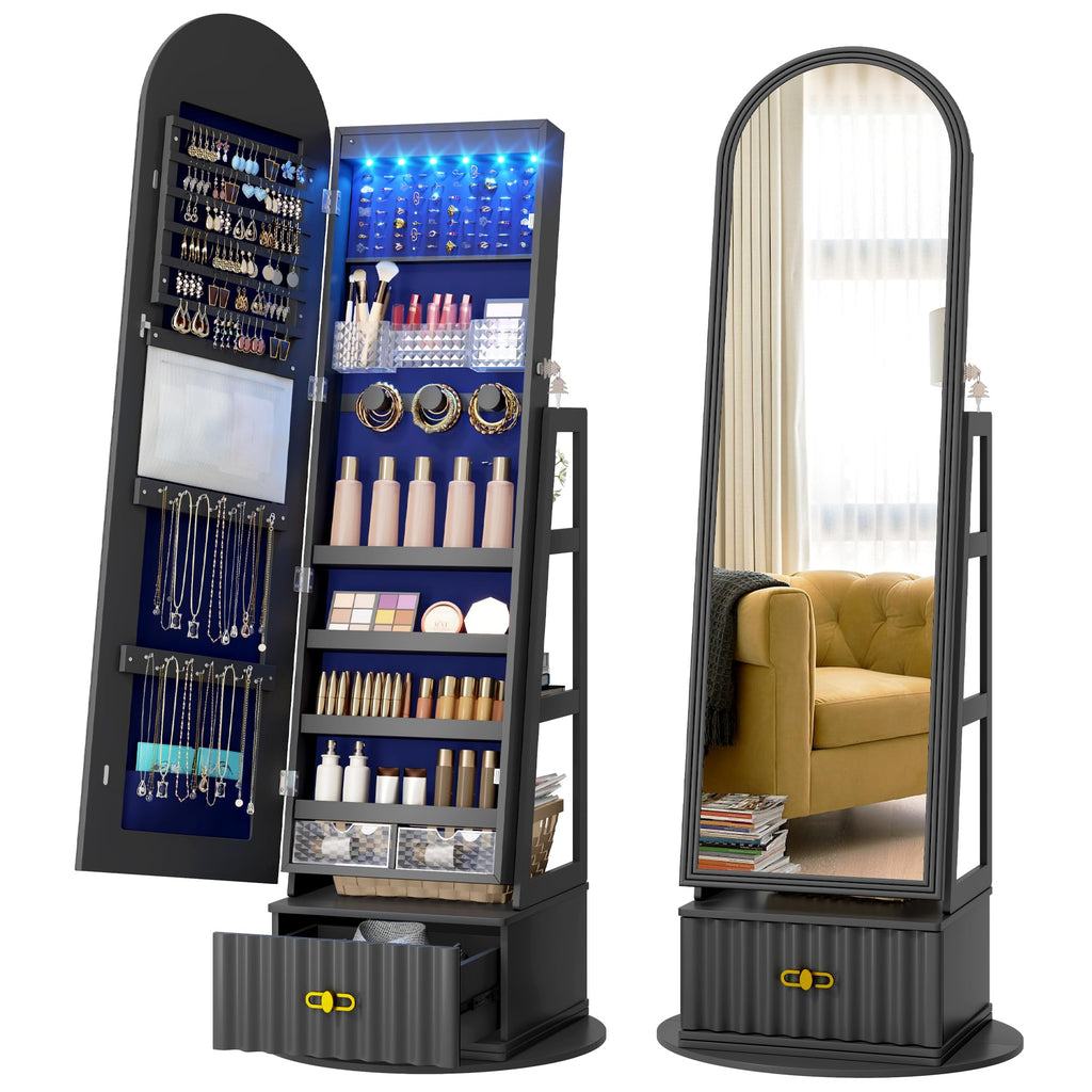 Arched LED Mirror Jewelry Cabinet, Standing Jewelry Armoire, Black