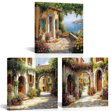 Italy Town Wall Canvas Prints Tuscany Towns Oil Painting Mediterranean Street Flowers Wall Decor Village European
