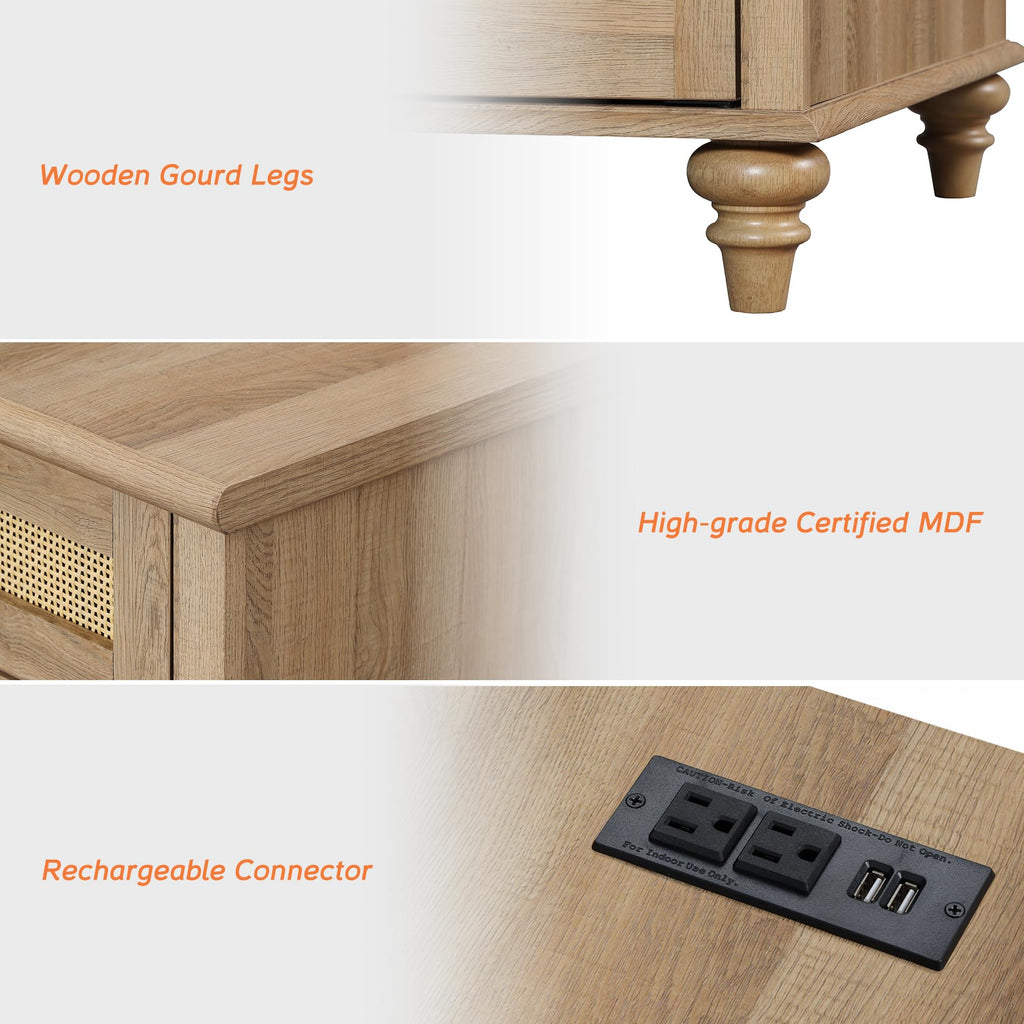 Tall Side Table with Charging Station, Rattan Night Stand with Drawer & Cabinet, Narrow Wooden with Power Outlets &