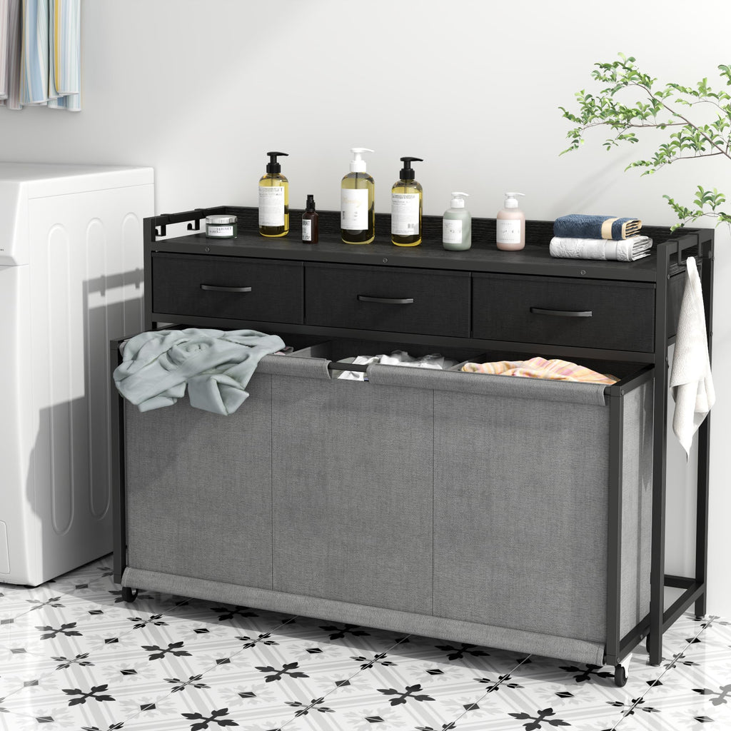 Hamper Laundry Basket with 3 Section 200L Pull-Out Rolling Bags