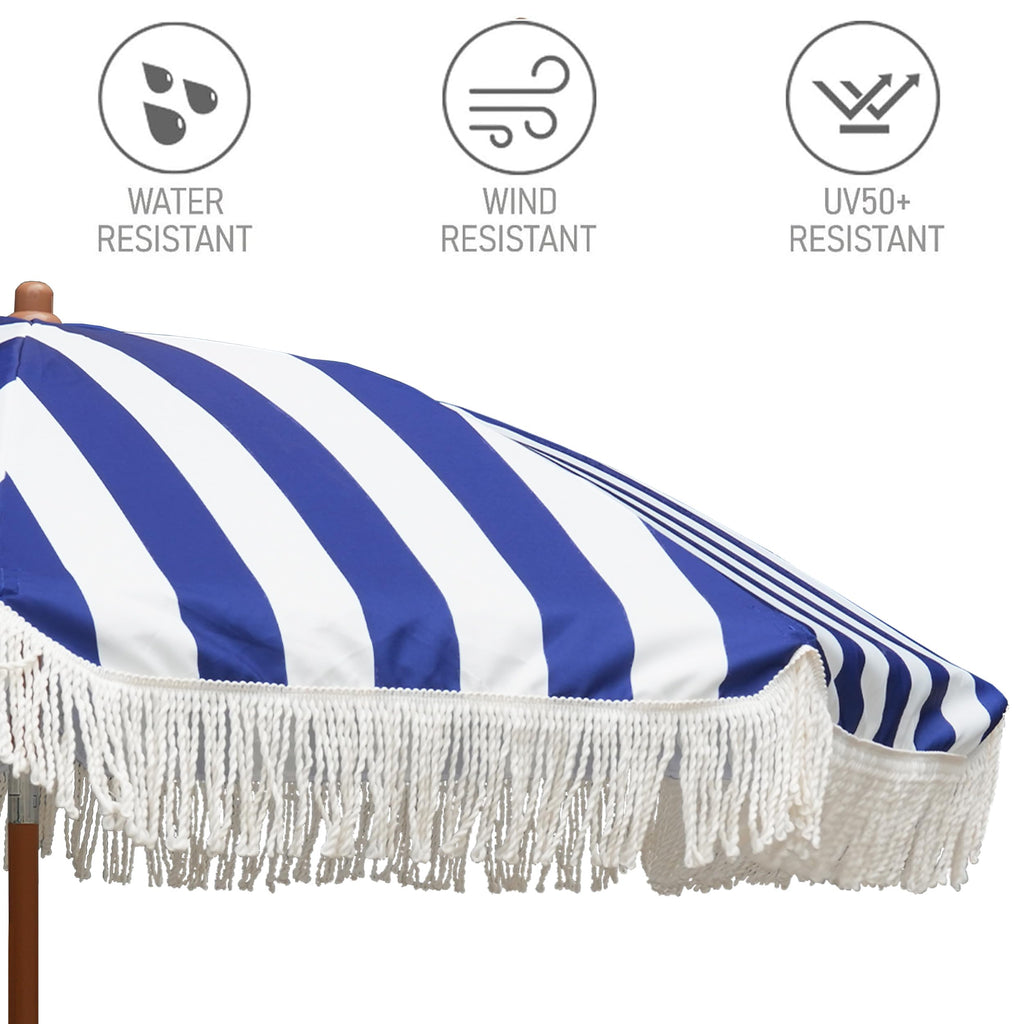 7ft Patio Umbrella with Fringe Outdoor Tassel Umbrella UPF50+ Wood Color Steel Pole and Steel Ribs Push Button Tilt