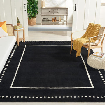 Area Rug 8x10 - Bella - Large - Black & Ivory, Handmade Wool, Dotted Border Design