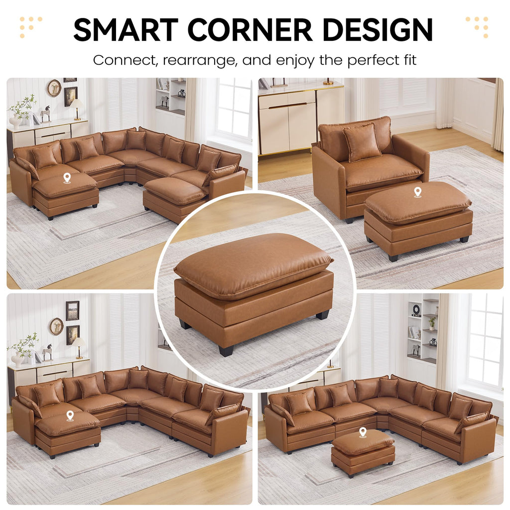 35'' Modern Leather Cloud Sofa Ottoman, Rectangle Ottoman for Modular Sectional Sofa, Leather Light Brown