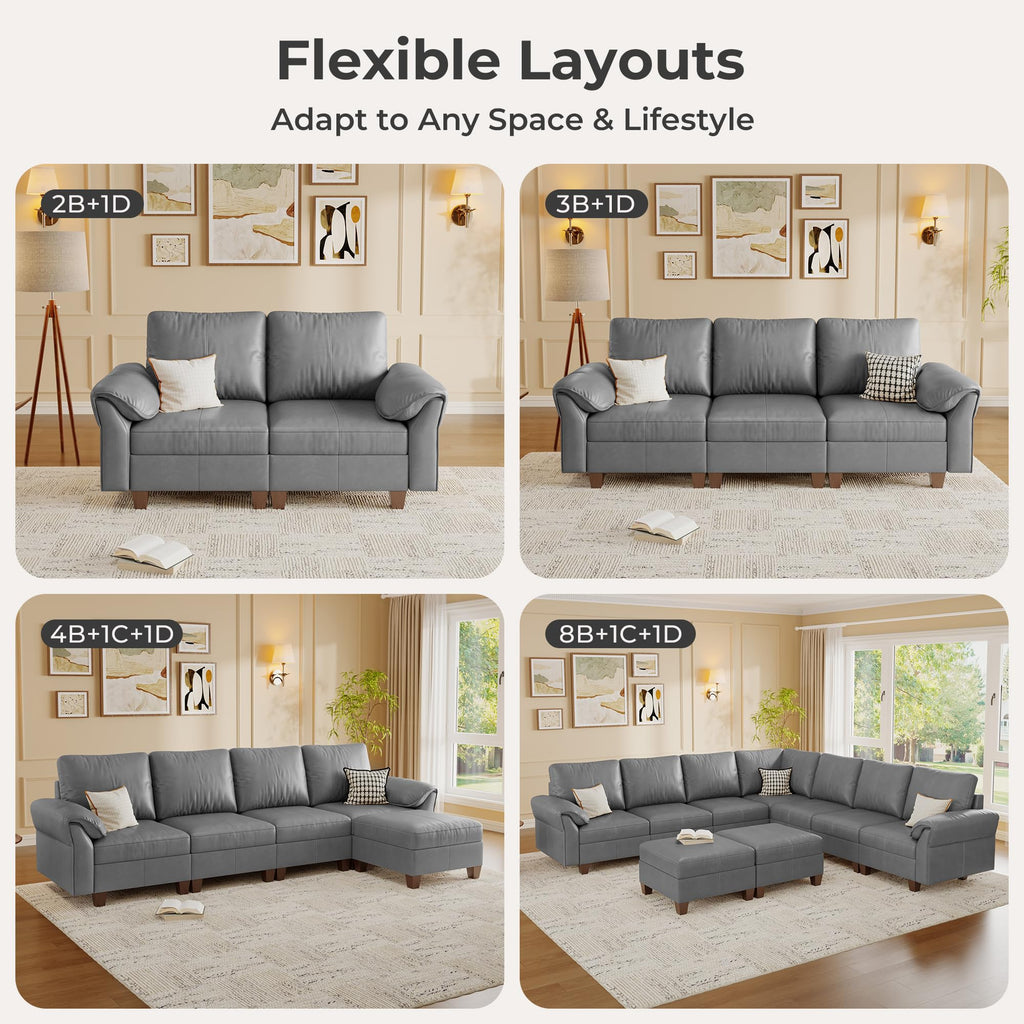 Faux Leather Sectional Couch, 3 Seater Sofa, Gray