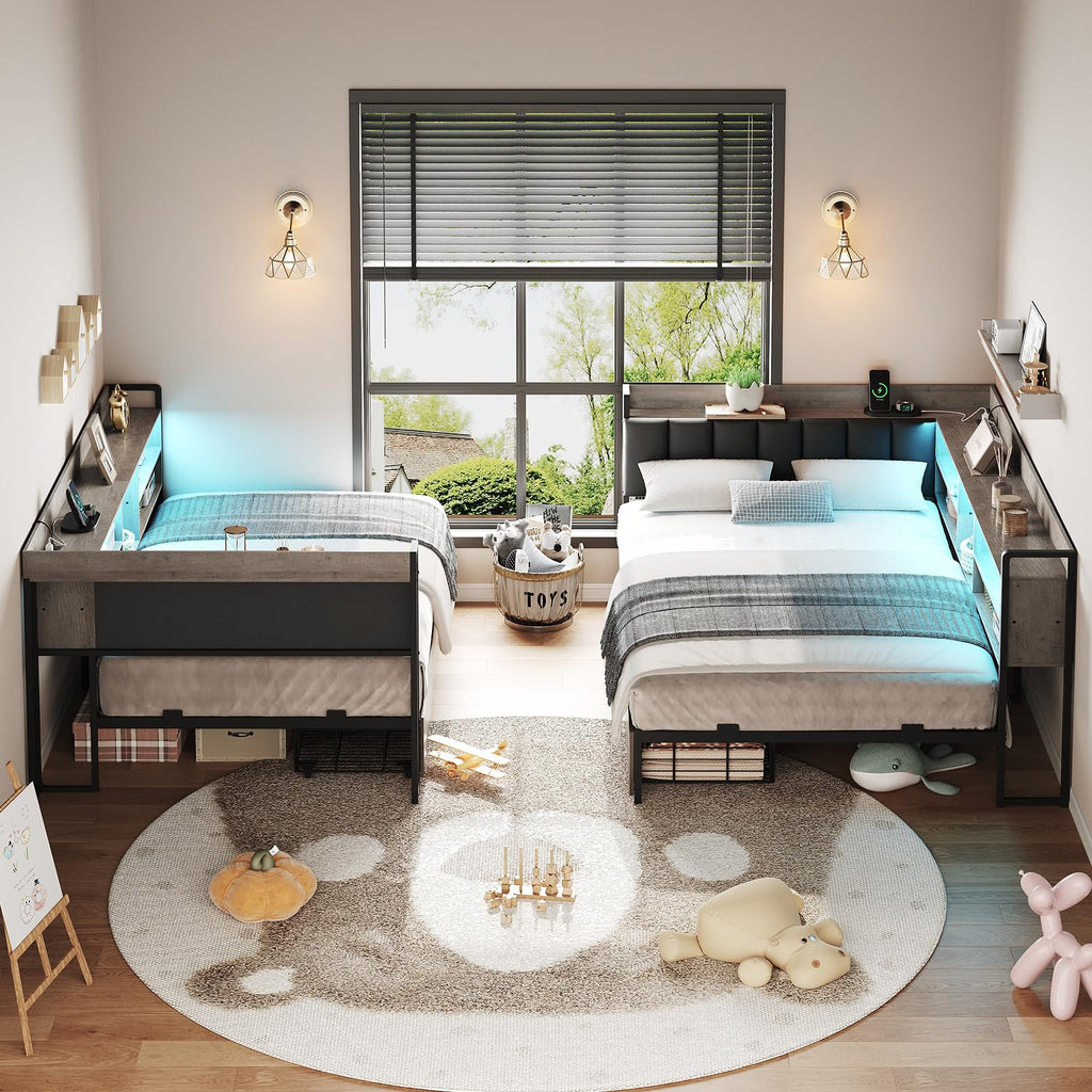 Twin Corner Bed Frame with Bookcase Storage and PU Upholstered, Twin Daybed with 2 Drawers and Charging Station