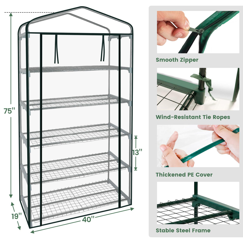50% Extra Wide Mini Greenhouse 5 Tier Portable Plant Green House 40in Wide -Sturdy Gardening Shelves with PVC Cover