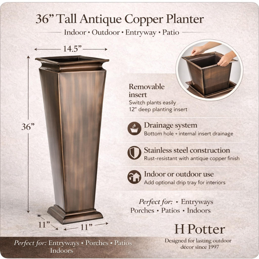 36 In Tall Square Planter, Antique Copper Finish